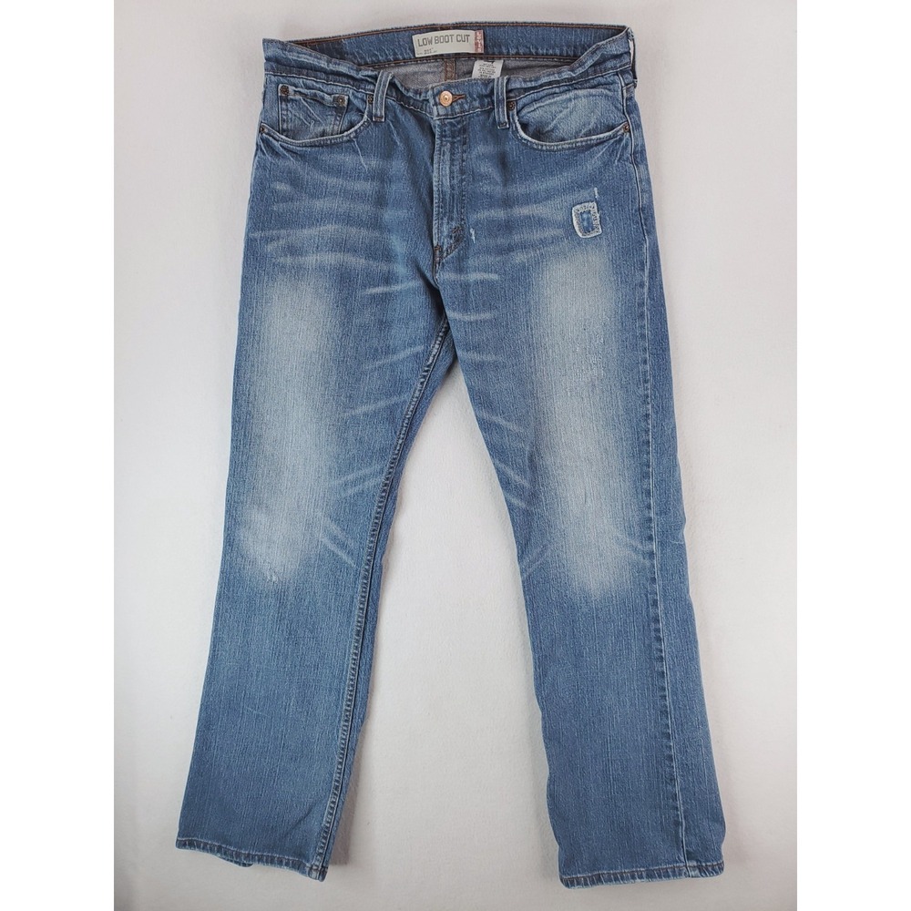 Levis 527 Jeans Mens 36x34 Blue Low Boot Cut Patchwork Distressed‎ Stretch Denim
